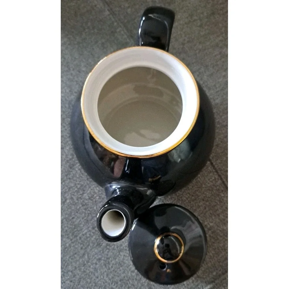 Vtg Hall China New York 2 Cup Teapot Deep‎ Navy Blue Gold Trim Made USA